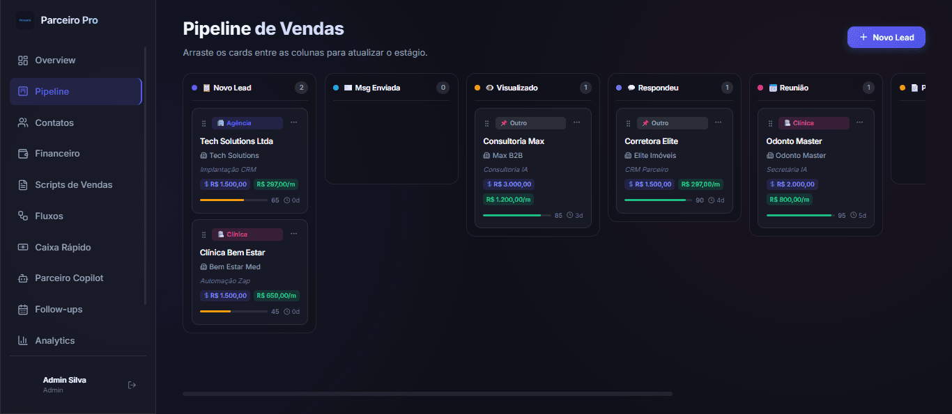 Parceiro Pro CRM - Dashboard com pipeline, métricas e gestão de parceiros